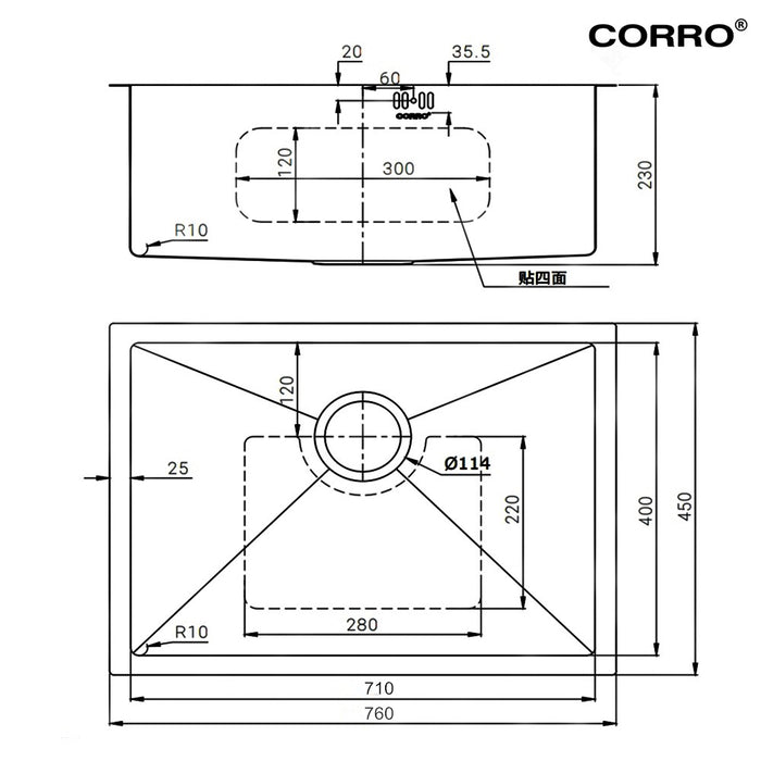 CORRO High Quality SUS304 Stainless Steel Single Handmade Kitchen Sink Bowl Sinki | CH7645-30S