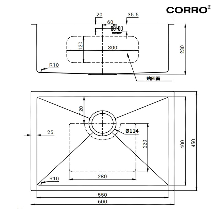 CORRO High Quality SUS304 Stainless Steel Single Handmade Kitchen Sink Bowl Sinki | CH6045-30S