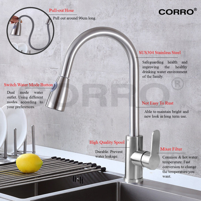 CORRO SUS304 High Quality Stainless Steel Flexible Pull-Out Kitchen Sink Mixer Tap | CKPT 8661 | CKPT 8661B