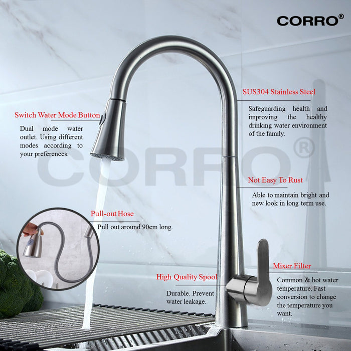 CORRO SUS304 High Quality Heavy Duty Stainless Steel Flexible Pull-Out Kitchen Sink Mixer Tap | CKPT 8660