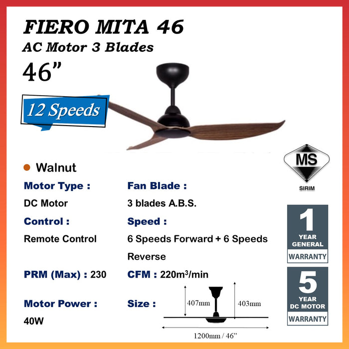 FIERO Mita 46" 56" Vacco Ceiling Fan | 46 WN  | 46L WN  | 46L PW | 56 BK | 56 WN | 56 PW | 56L WN | 56L PW