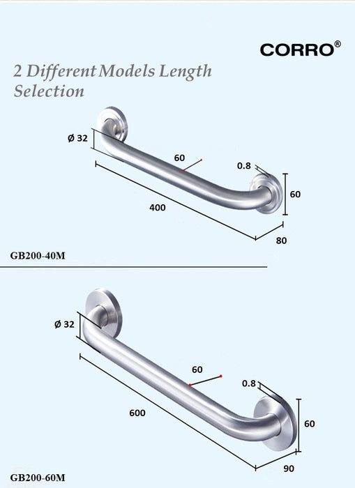 CORRO High Quality SUS304 Stainless Steel Bathroom Grab Bar | CGB 200-40M | CGB 200-60M