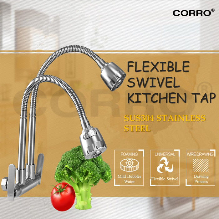CORRO SUS304 Heavy Duty Stainless Steel Twin Hose Flexible Swivel Kitchen Sink Wall Tap | CKWT 8438