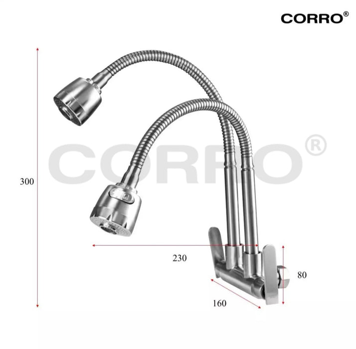 CORRO SUS304 Heavy Duty Stainless Steel Twin Hose Flexible Swivel Kitchen Sink Wall Tap | CKWT 8438