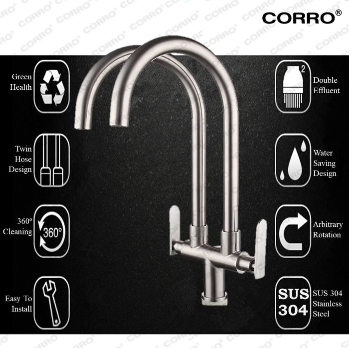 CORRO SUS304 High Quality Heavy Duty Stainless Steel Double Twin Hose Kitchen Faucet Pillar Sink Tap | CKPT 1002