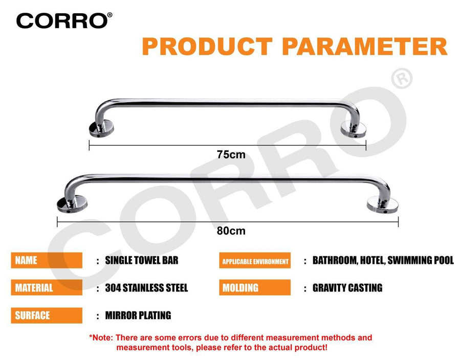 Corro High Quality Stainless Steel 304 Wall Mounted Single Towel Rack | CTB 102-75C | CTB 102-80C